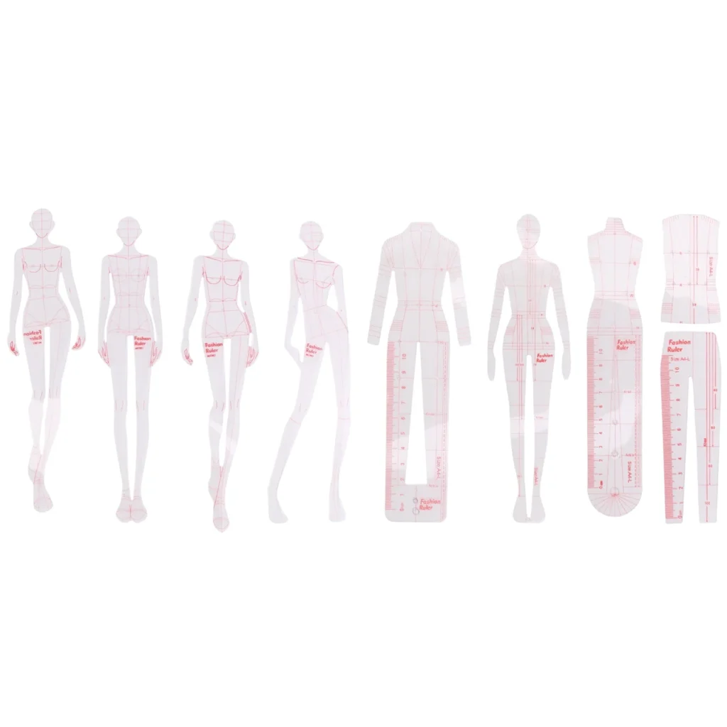 Reglas de ilustración de moda, plantillas de bocetos, regla de costura, patrones humanoides, diseño de ropa, medición, combinación