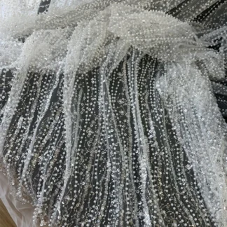 Tela de malla con lentejuelas y perlas, bordado de encaje para vestido de novia, Material de costura hecho a mano, por metro