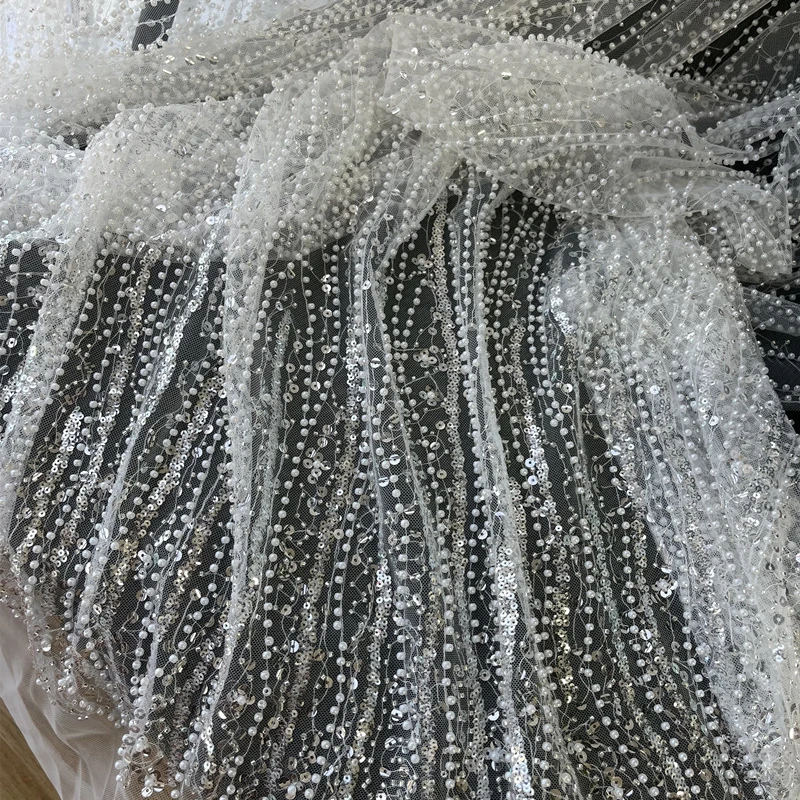 Tela de malla con lentejuelas y perlas, bordado de encaje para vestido de novia, Material de costura hecho a mano, por metro