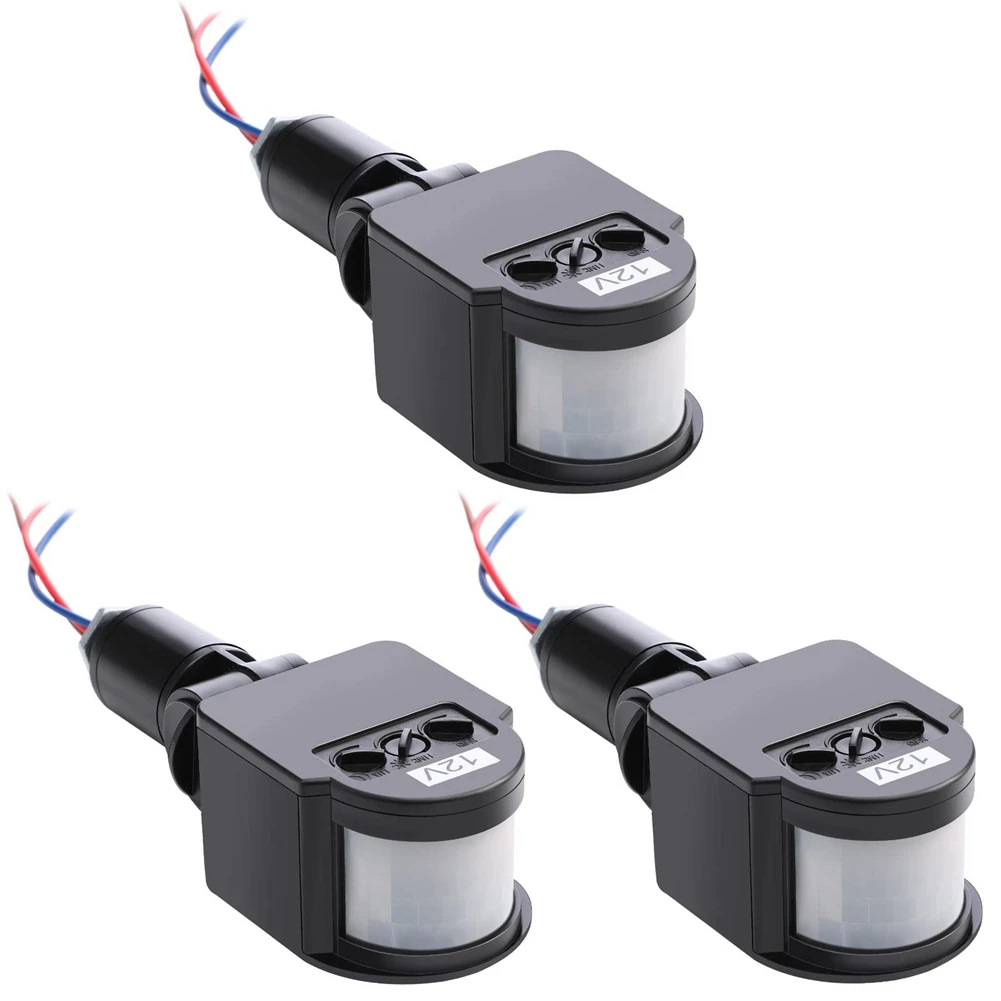 Detectores de movimiento para exteriores, interruptor de luz con Sensor Pir, corriente continua, 12V, color negro, 3 piezas