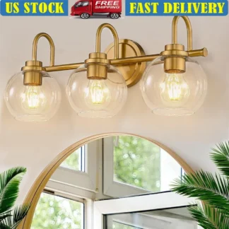 Luz de tocador de baño dorada, accesorio de 3 bombillas, pantalla de globo de cristal transparente moderna sobre el espejo, fácil instalación, varios espacios