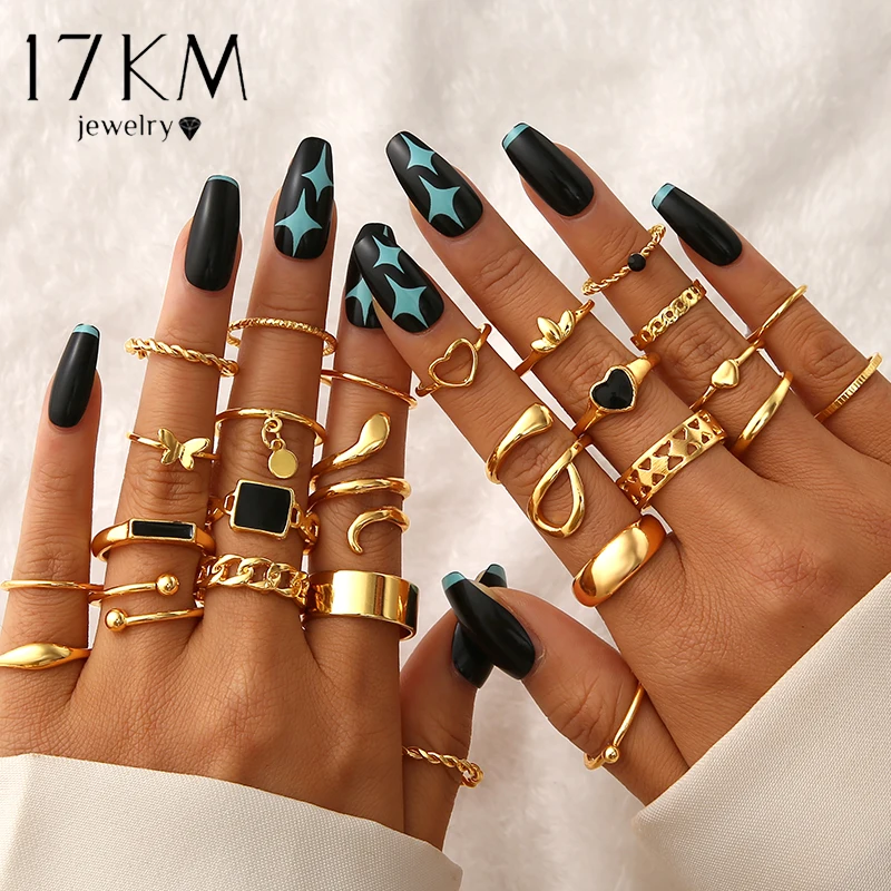Anillo de serpiente de Color dorado Vintage para mujer, nueva moda 2023, conjunto de anillos de mariposa con corazón negro Punk geométrico, joyería