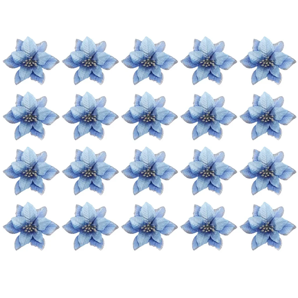 Brillo de Navidad 20 piezas adorno de árbol de Navidad boda Artificial coronas de flores de Navidad adornos de boda (azul)