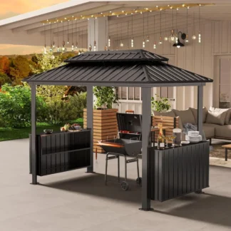 Gazebo con parrilla dura de 6x10 pies, cenador para barbacoa con techo doble de acero galvanizado, ganchos de techo, refugio para parrilla al aire libre para patio trasero