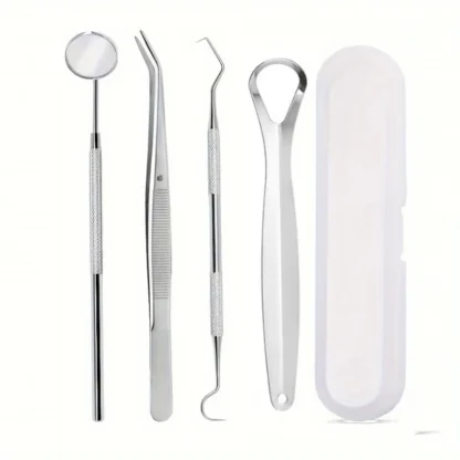 El juego de higiene bucal de acero inoxidable incluye pinzas, raspadores y eliminadores de restos, con empuñaduras antideslizantes para el cuidado de los dientes y la lengua