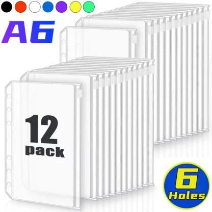 Carpeta impermeable A6 de 6 agujeros con bolsillos, carpeta de PVC, sobres para efectivo, carpetas con cremallera, bolsas, organizador de dinero, bolsa para archivar documentos