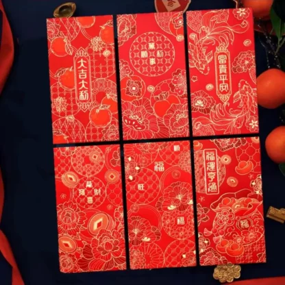6 uds hogar estampado en caliente Año Nuevo Chino sobre rojo patrón mixto sólido bolsa de dinero de la suerte Rectangular engrosado HongBao 2025