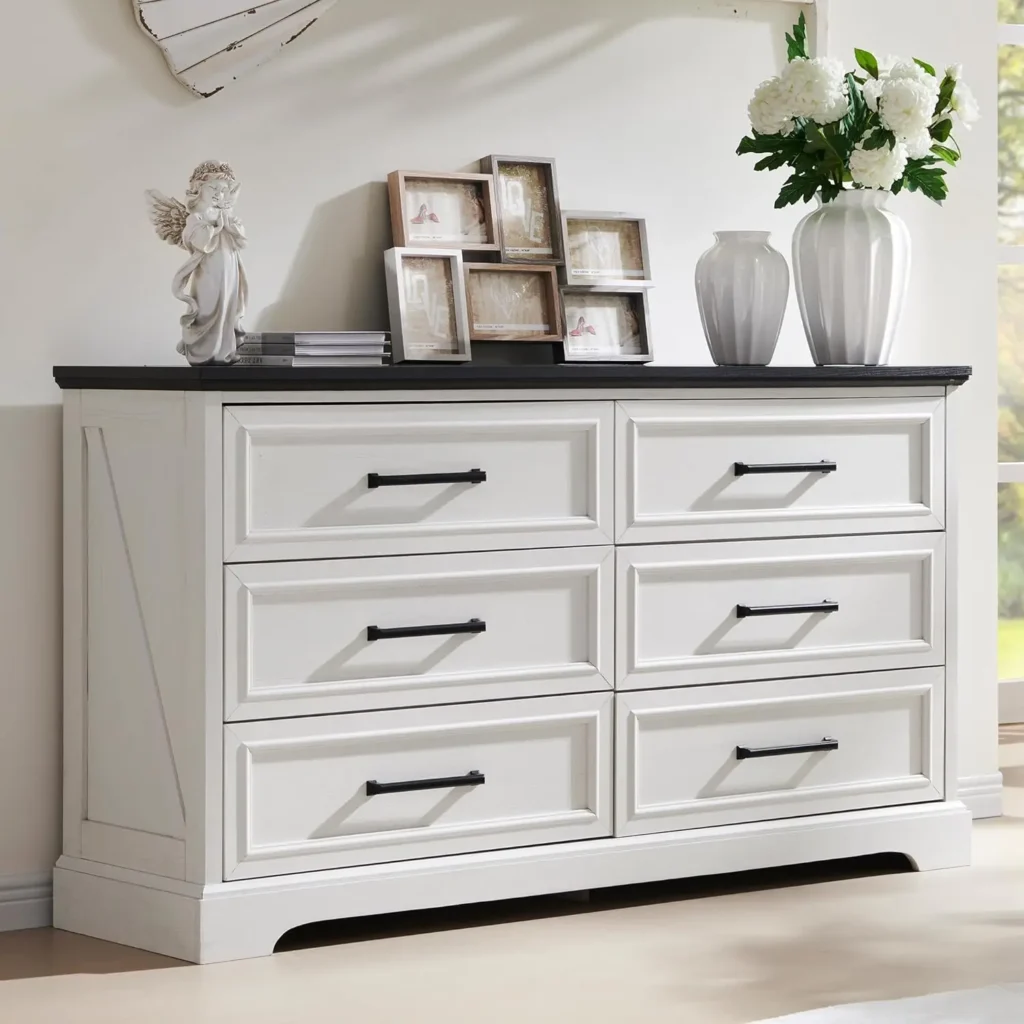 Cómoda de 6 cajones para dormitorio, mueble de TV moderno de 52 pulgadas de ancho con cajones grandes y tiradores de barra, cómoda de madera rústica