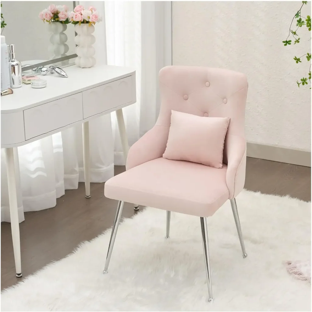Silla de lectura tapizada con acento de maquillaje, escritorio de oficina, taburete de tocador con patas de metal para cocina, dormitorio, sala de estar, rosa