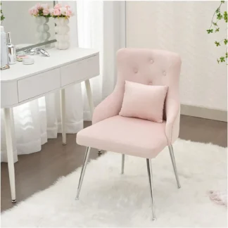 Silla de lectura tapizada con acento de maquillaje, escritorio de oficina, taburete de tocador con patas de metal para cocina, dormitorio, sala de estar, rosa