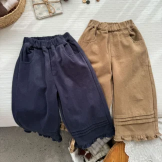 Pantalones de pierna ancha para niñas, primavera 2025, nuevo estilo Rural coreano, moda que combina con todo, pantalones de pierna recta de encaje, ropa para niñas