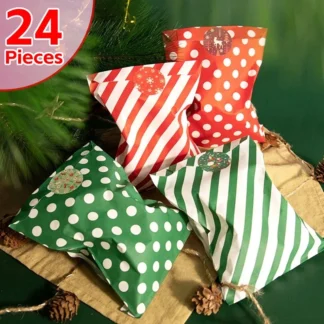24 piezas de bolsas de golosinas de Navidad, bolsas de almacenamiento, bolsas de cables para galletas y dulces, bolsillo, decoración para fiesta de Navidad, regalos, suministros de embalaje