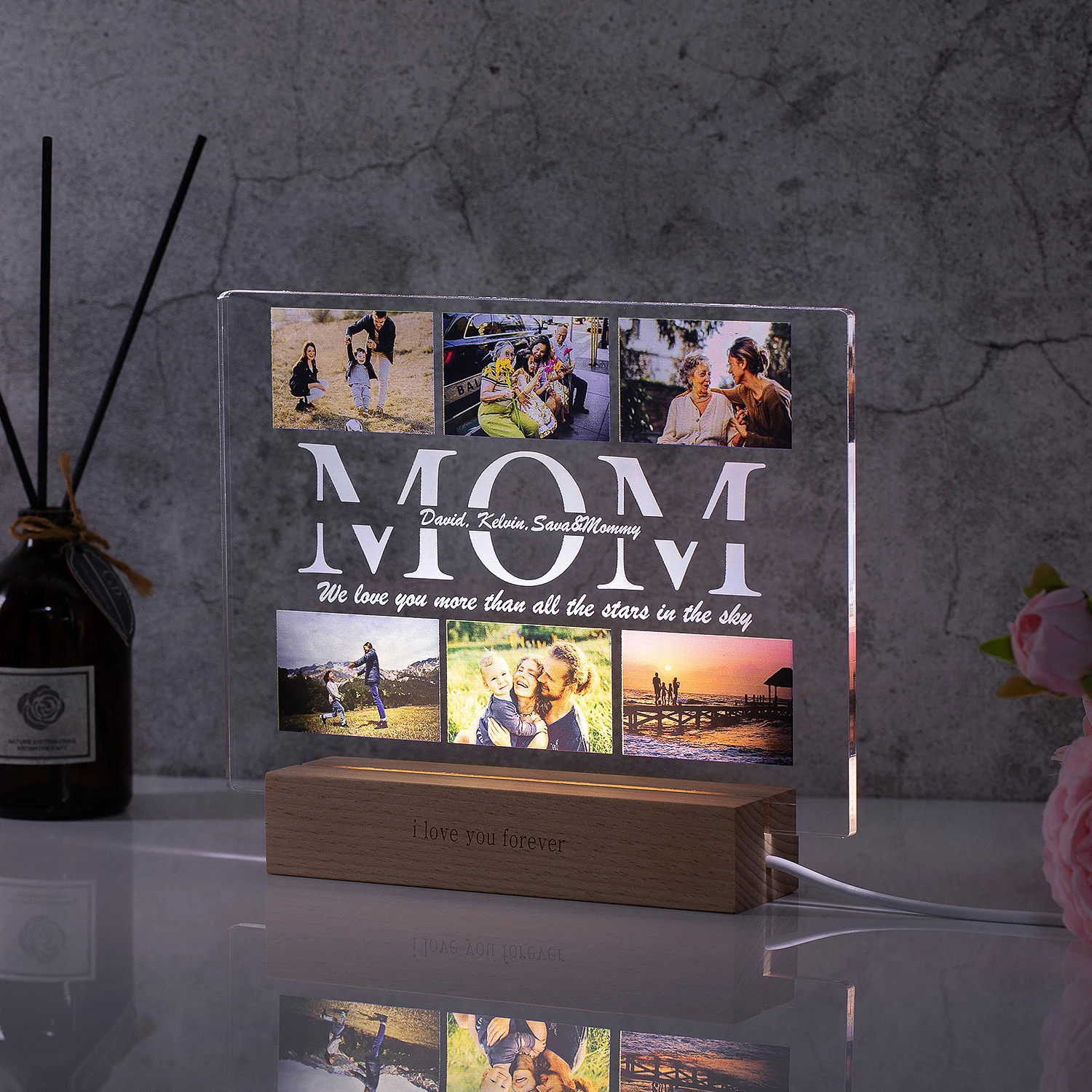 Lámpara acrílica 3D con texto de foto personalizado, luz nocturna personalizada para dormitorio, para mamá, papá, amor, familia, cumpleaños, regalo del día de Navidad
