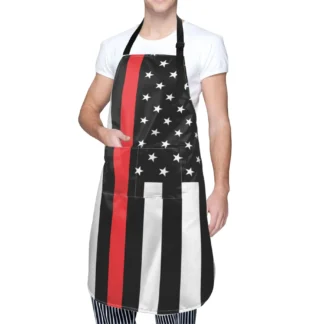 Delantal de cocina con bandera de EE. UU. Para hombres y mujeres, delantal de cocina de tela Oxford con bolsillos, bandera fina de línea roja, Bomberos americanos