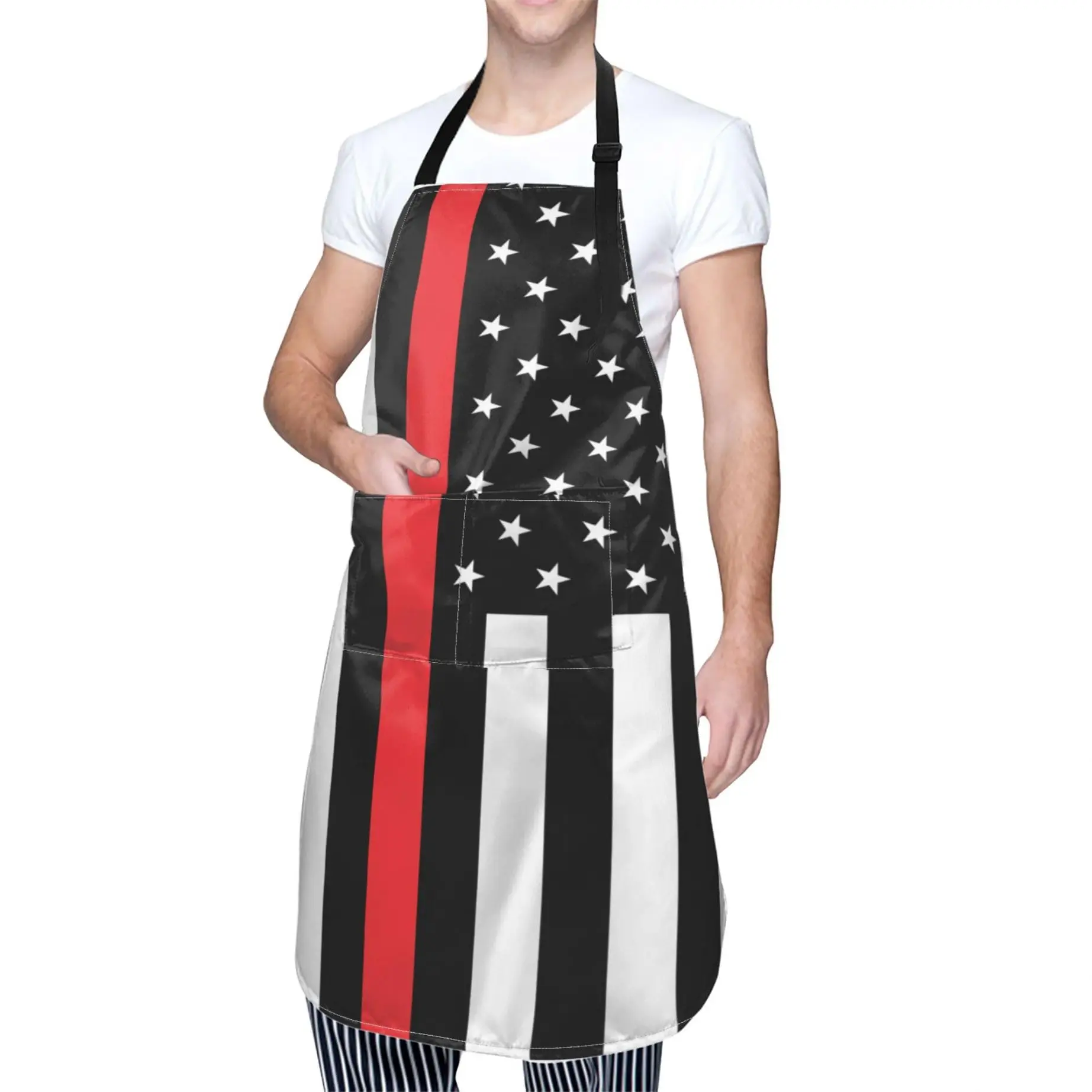 Delantal de cocina con bandera de EE. UU. Para hombres y mujeres, delantal de cocina de tela Oxford con bolsillos, bandera fina de línea roja, Bomberos americanos