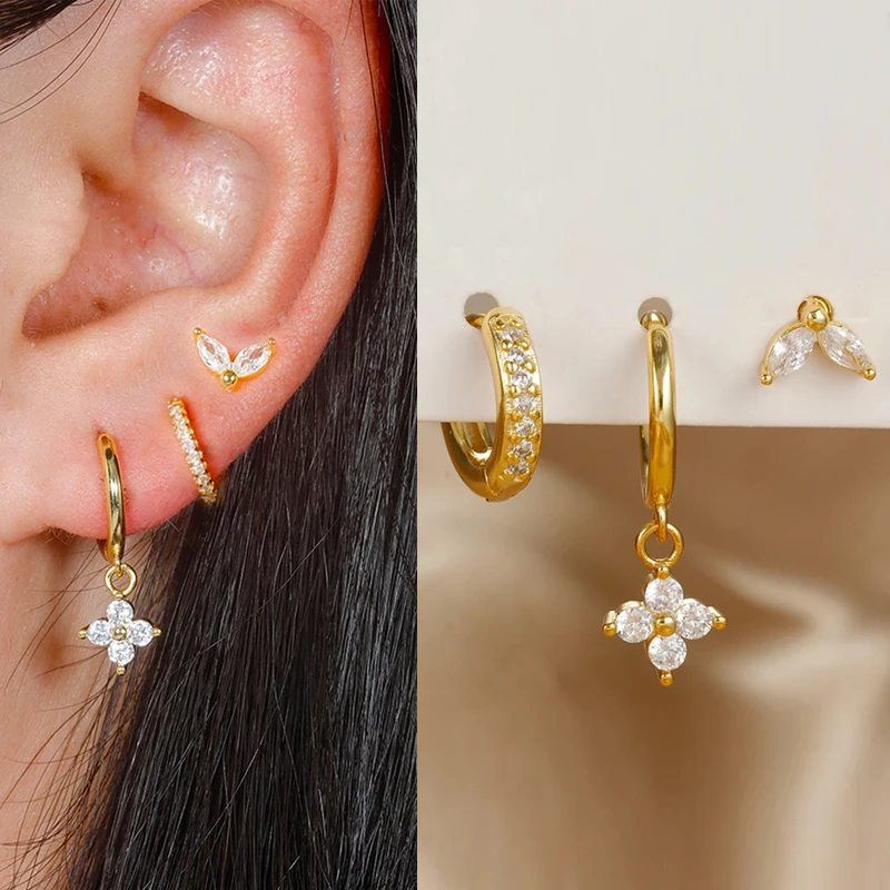 Conjunto de pendientes colgantes de circonita colorida y exquisita para mujer, aretes de aro colgantes con flores de acero inoxidable, joyería para Piercing de cartílago, 3 uds.