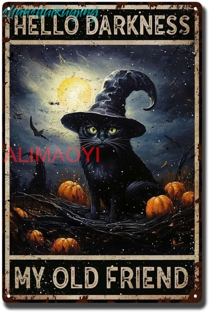 Letrero de estaño con pintura de bruja, Halloween, gato negro, Hola oscuridad, mi viejo amigo, carteles de hojalata Retro, decoración de pared Vintage, Bar para el hogar K