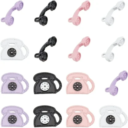 1 caja, 16 Uds., 8 estilos, abalorio para teléfono, aleación colorida a granel, colgantes para receptor de teléfono pintados con aerosol para kit de fabricación de joyas