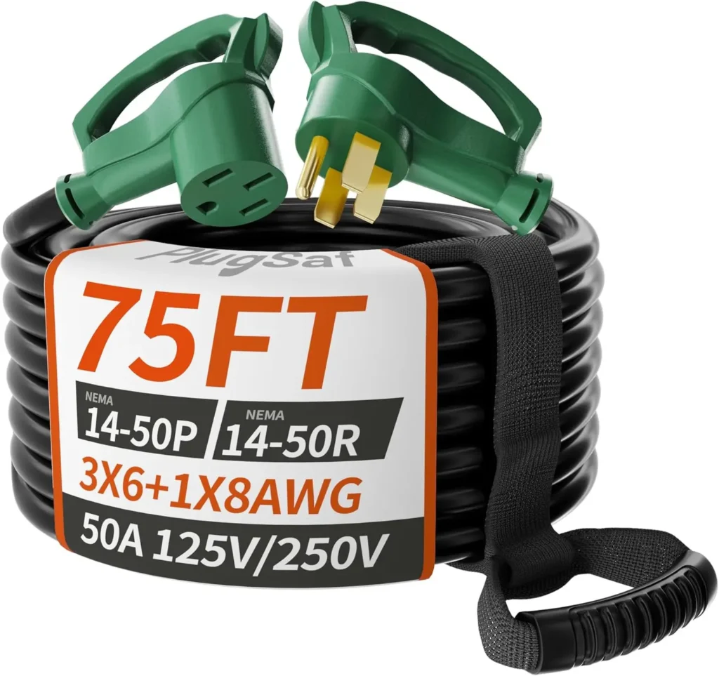 Cable de extensión RV/EV para exteriores, cable de alimentación resistente al agua, Flexible, de 4 puntas, calibre 6/3 + 8/1, 75 pies, 50 amperios
