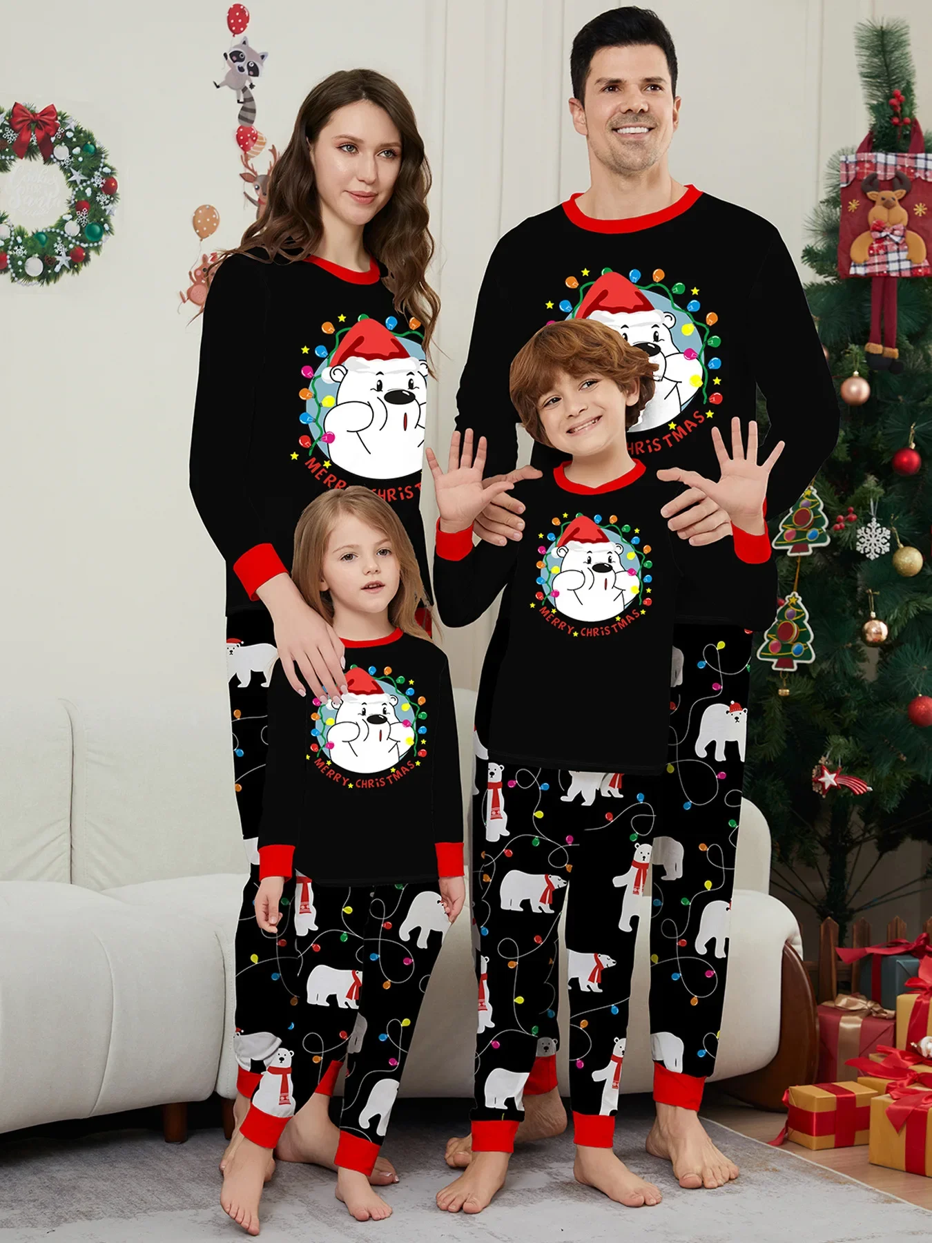 Conjunto de pijamas de Navidad con estampado de oso de dibujos animados para niños y adultos, ropa de casa para niños y niñas, traje suave de 2 piezas, novedad de 2024