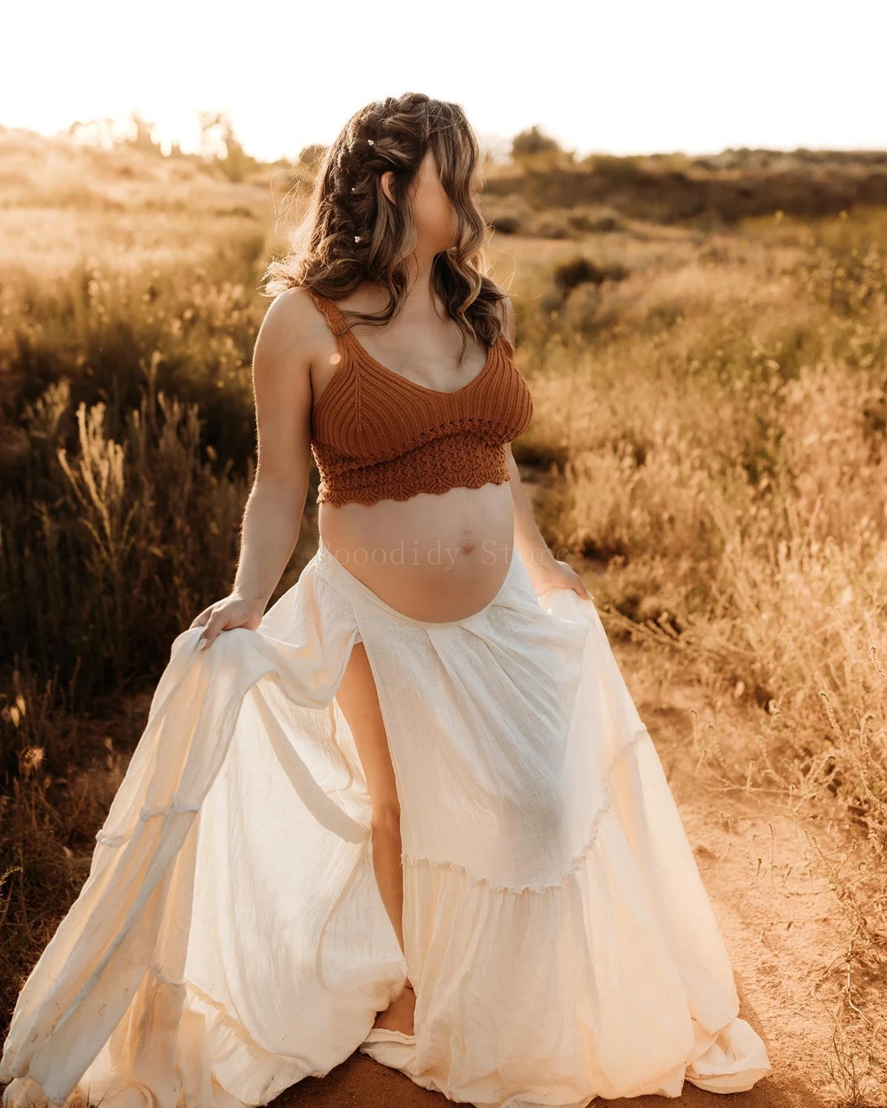 Conjunto de accesorios de fotografía de maternidad, maxifalda de algodón y lino, Chaleco de punto, Top bohemio, vestido de maternidad para sesión de fotos