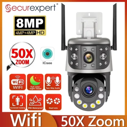 8MP Wifi exterior 50X Zoom óptico 360 °   Cámara PTZ de dos pantallas con seguimiento automático, cámara de videovigilancia IP CCTV, Audio bidireccional ICSEE