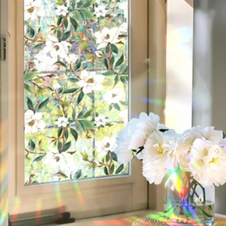 Película de privacidad para ventana de flor y hoja de 39,4x16,9 pulgadas, plástico 3D, arcoíris, pegatina para ventana teñida no adhesiva, kit de fabricación de vidrio estático