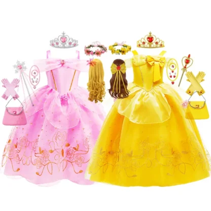 Disfraz de Bella para niña, vestido de La Bella y La Bestia, vestido Aurora de cumpleaños para niñas, disfraz de Bella Durmiente, disfraz de Halloween