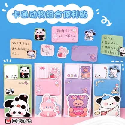 Notas adhesivas de combinación de animales de dibujos animados bonitos, notas adhesivas para estudiantes, papelería Kawaii