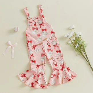 Mono de verano para niñas de 6 meses a 4 años, mono con estampado de lazo de béisbol, pantalones acampanados sin mangas, mameluco