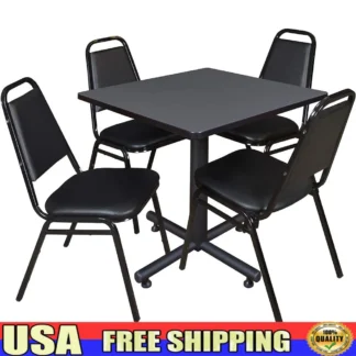 Mesa cuadrada para desayuno con 4 sillas apilables, sillas de vinilo negro, base en X de metal liso, melamina fundida térmica, restaurantes de 30 pulgadas