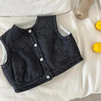 Chaleco vaquero de lana de cordero sin mangas para niños, cárdigan de terciopelo liso para niñas, chaleco cálido, chaqueta, ropa para niños 2024