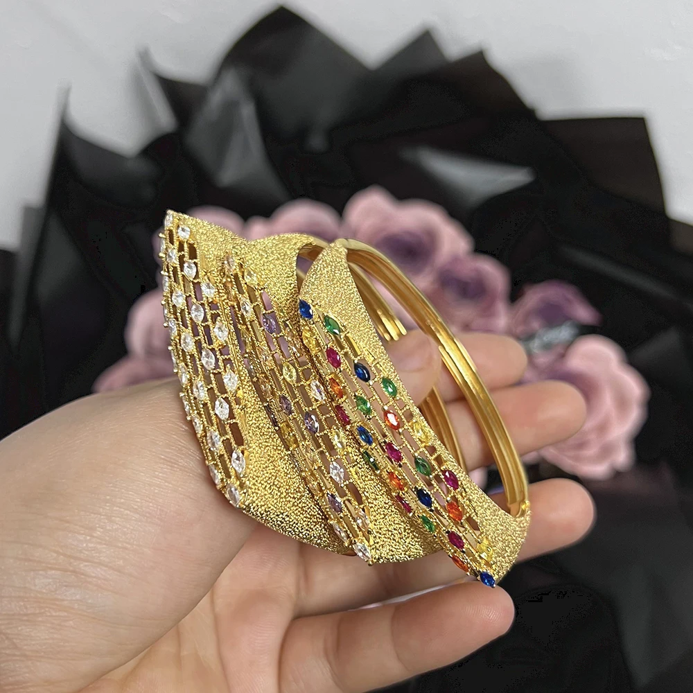 Conjunto de joyería de Color dorado de Dubái, pulsera de mano con diseño de piedra de colores, pulsera de mano para novia y bodas con anillo para dedo, conjunto de 2 uds brasileño
