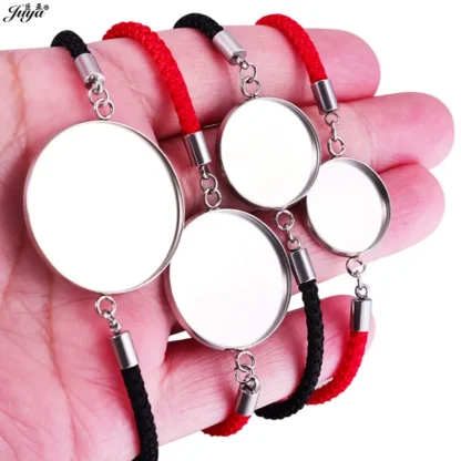 4 unids/lote 18-30mm Base de pulsera de cabujón de acero inoxidable con pulseras de cuerda trenzada roja y negra para accesorios de joyería DIY