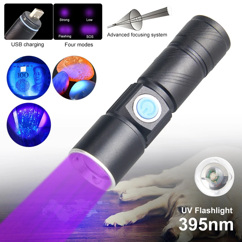 Linterna recargable por USB, luz negra UV de 10W, 395nm, marcador de tinta Invisible, orina de perro, tiña, dinero, lámpara de antorcha con zoom fluorescente