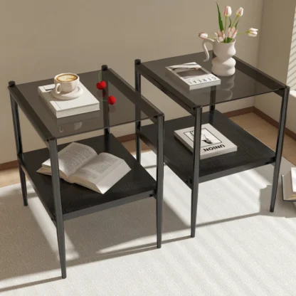 Juego de 2 mesas auxiliares rectangulares, tablero de vidrio templado con capa de MDF, mesa moderna para salón, vidrio gris negro
