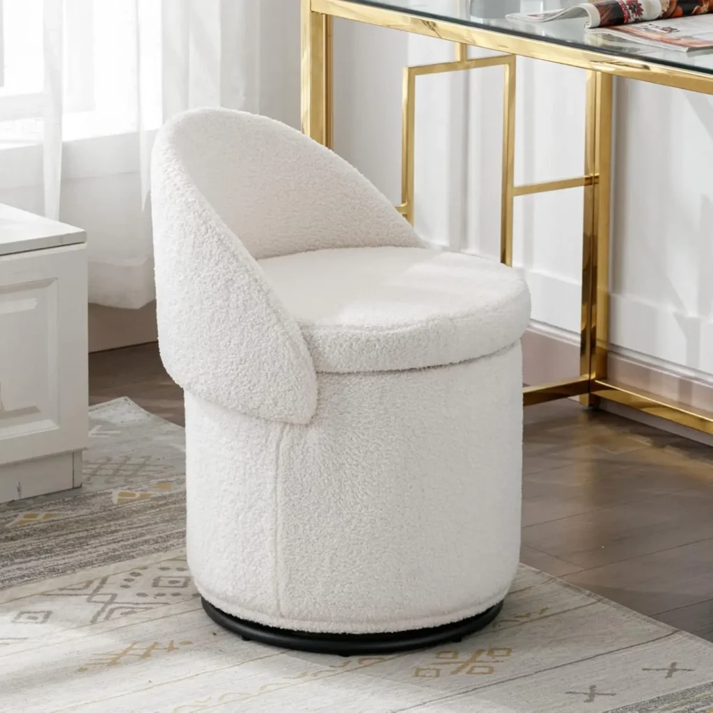 Silla de tocador otomana giratoria, silla de barril tapizada Sherpa, silla club 360 ° Silla lateral giratoria de grado con almacenamiento, maquillaje cómodo