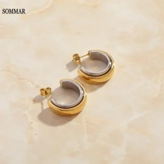 SOMMAR-pendientes de aro chapados en oro para mujer, aretes en forma de C superpuestos, dos colores