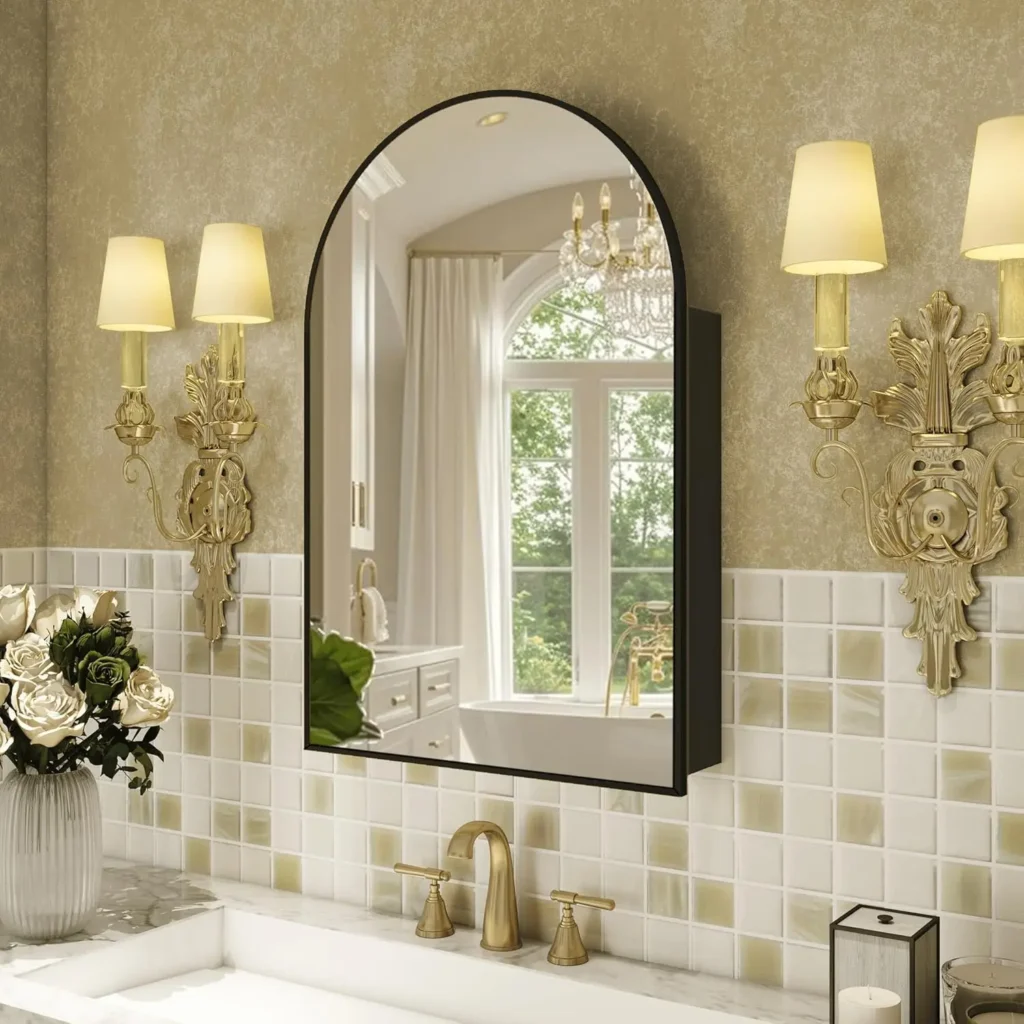 Botiquín arqueado con espejo, espejo de baño con almacenamiento, mueble de baño de aleación de aluminio, tocador con 3 estantes ajustables