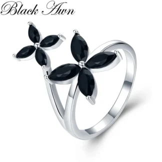 Black Awn 2025 nueva flor romántica Color plata joyería de moda flor compromiso espinela negra anillo de compromiso para mujeres G032