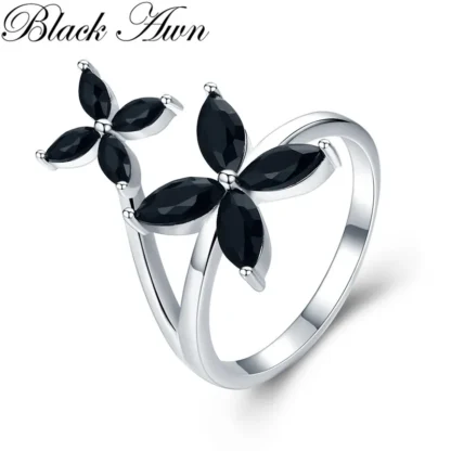 Black Awn 2025 nueva flor romántica Color plata joyería de moda flor compromiso espinela negra anillo de compromiso para mujeres G032