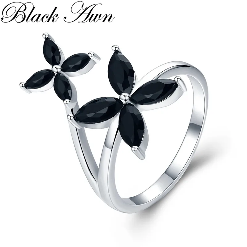 Black Awn 2025 nueva flor romántica Color plata joyería de moda flor compromiso espinela negra anillo de compromiso para mujeres G032