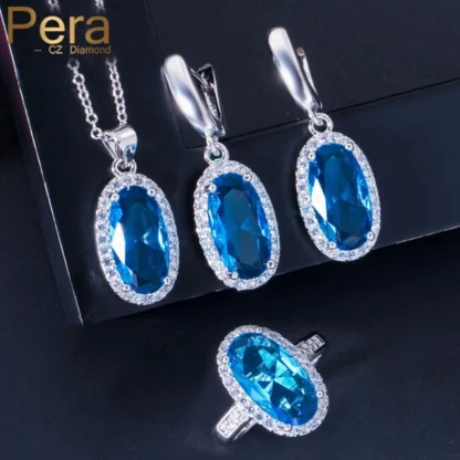 Pera-conjunto de collar y pendientes de circonia cúbica azul claro para mujer, aretes, óvalo grande, 7 colores a elegir, fiesta de noche, 3 uds., J218