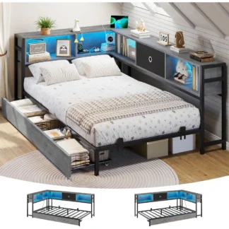 DICTAC Marco de cama esquinero con estantería de almacenamiento y luces LED Marco de cama con plataforma de metal de tamaño doble con cajones de almacenamiento y carga