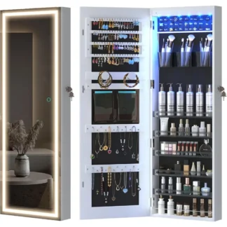 Gabinete de joyería con espejo LED, organizador de gabinete de joyería con montaje en pared/puerta con luces, espejo de longitud completa con almacenamiento de joyas