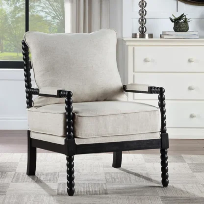 Silla decorativa con husillo de tela de lino con estructura de madera, silla tipo bombín con cojín de resorte de alta resistencia y almohadillas para reposabrazos