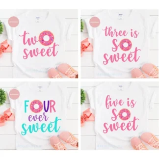 Preciosa camiseta blanca de dos donuts tres/cinco/seis cuatro veces dulce regalo de cumpleaños para niños y niñas