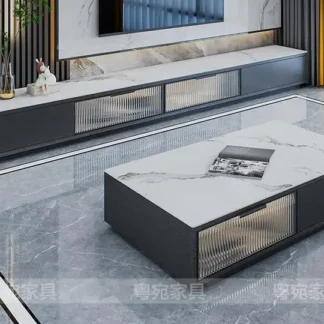 Tablero de roca brillante, mueble de TV, mesa de té, combinación moderna, sencilla, ligera, de lujo, pequeña sala de estar familiar, puerta de cristal, plataforma de pared