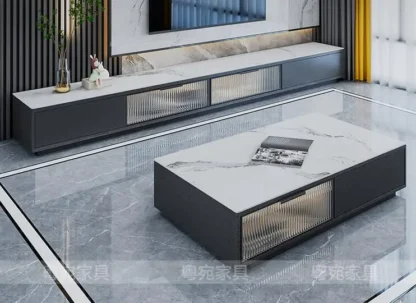 Tablero de roca brillante, mueble de TV, mesa de té, combinación moderna, sencilla, ligera, de lujo, pequeña sala de estar familiar, puerta de cristal, plataforma de pared