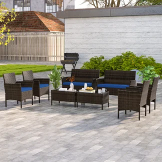 Conjunto de muebles de Patio de 8 piezas, Set con cojines lavables y mesa de centro de vidrio templado, Color Azul Marino